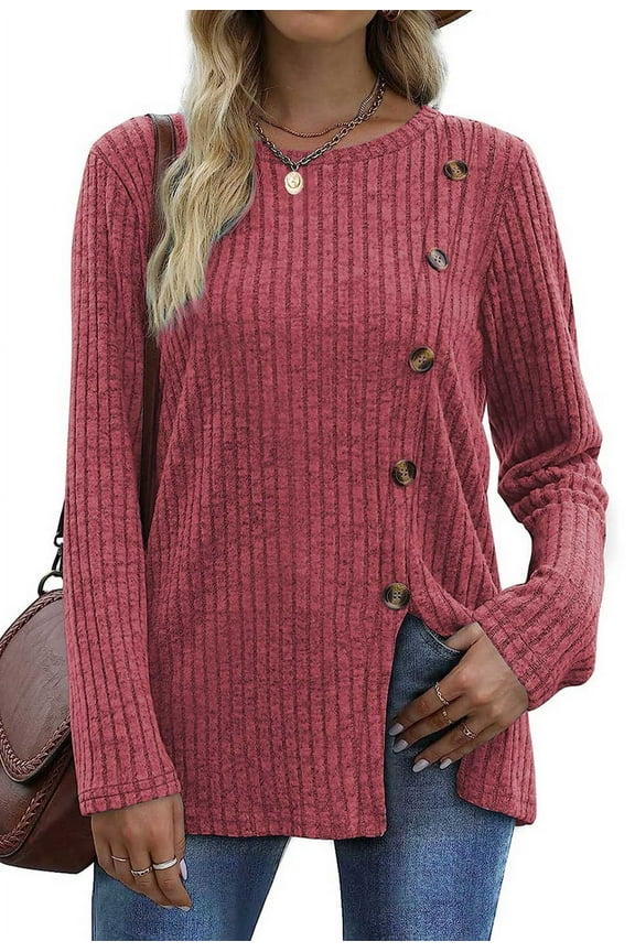 Blouses for Women Long Sleeve Crew Neck Tunic Tops Buttons Side Fall Shirts