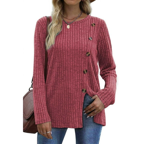 Fantaslook Blouses for Women Long Sleeve Crew Neck Tunic Tops Buttons Side Fall Shirts