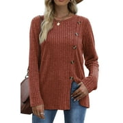 Fantaslook Blouses for Women Long Sleeve Crew Neck Tunic Tops Buttons Side Fall Shirts