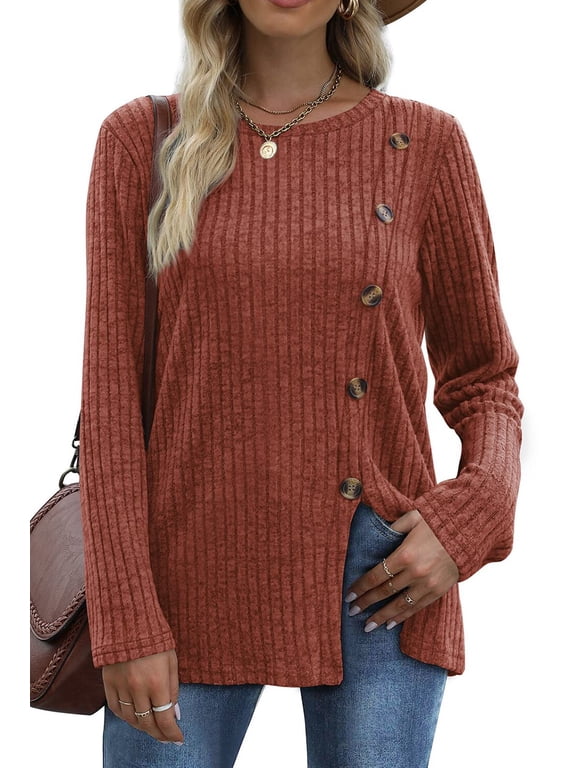 Blouses for Women Long Sleeve Crew Neck Tunic Tops Buttons Side Fall Shirts
