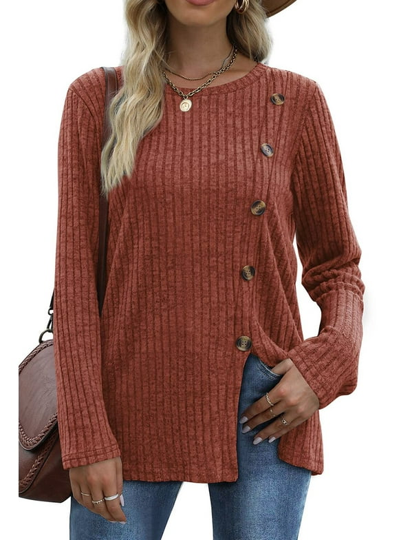 Blouses for Women Long Sleeve Crew Neck Tunic Tops Buttons Side Fall Shirts