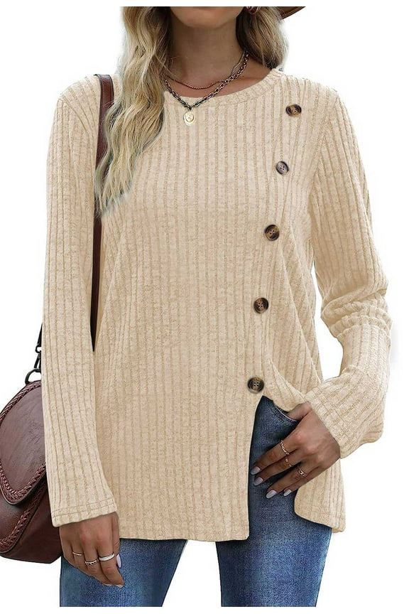 Blouses for Women Long Sleeve Crew Neck Tunic Tops Buttons Side Fall Shirts