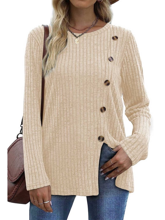 Blouses for Women Long Sleeve Crew Neck Tunic Tops Buttons Side Fall Shirts