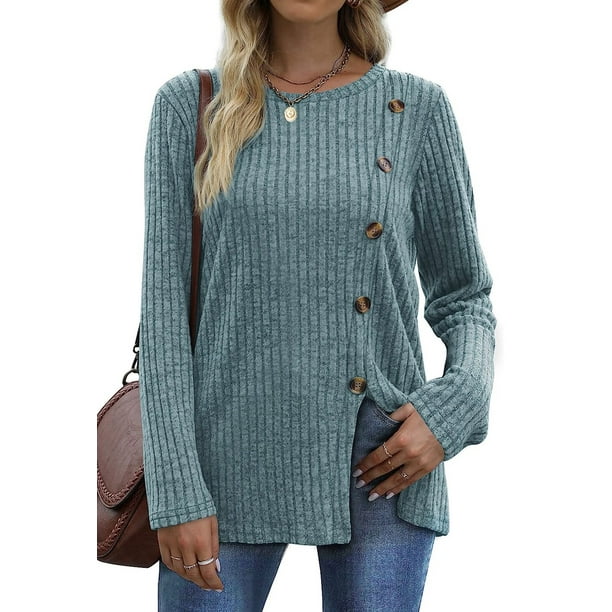 Fantaslook Blouses for Women Long Sleeve Crew Neck Tunic Tops Buttons ...