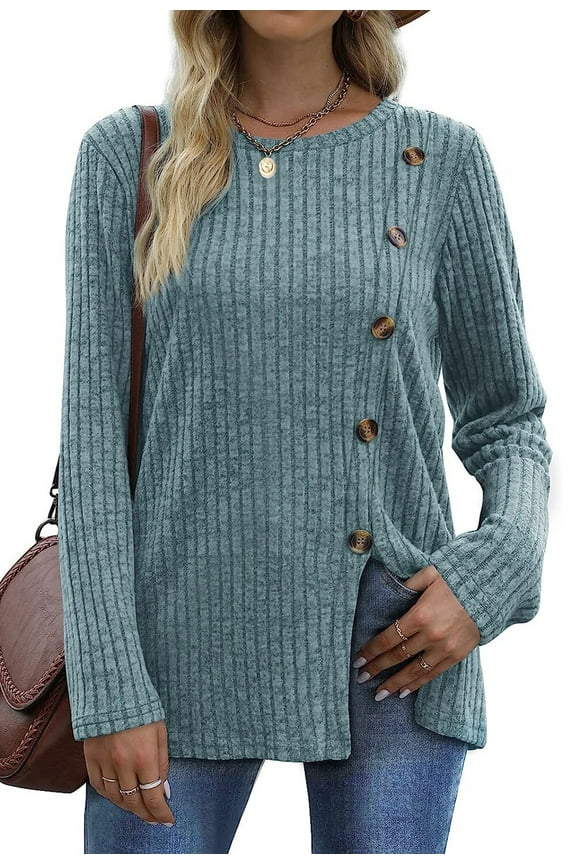 Blouses for Women Long Sleeve Crew Neck Tunic Tops Buttons Side Fall Shirts