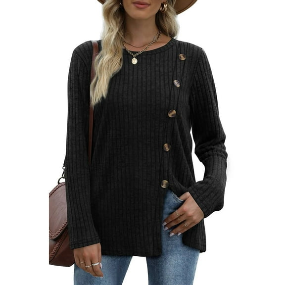 Fantaslook Blouses for Women Long Sleeve Crew Neck Tunic Tops Buttons Side Fall Shirts