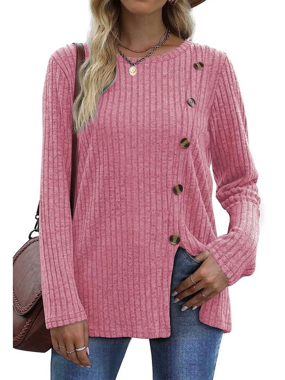 Blouses for Women Long Sleeve Crew Neck Tunic Tops Buttons Side Fall Shirts