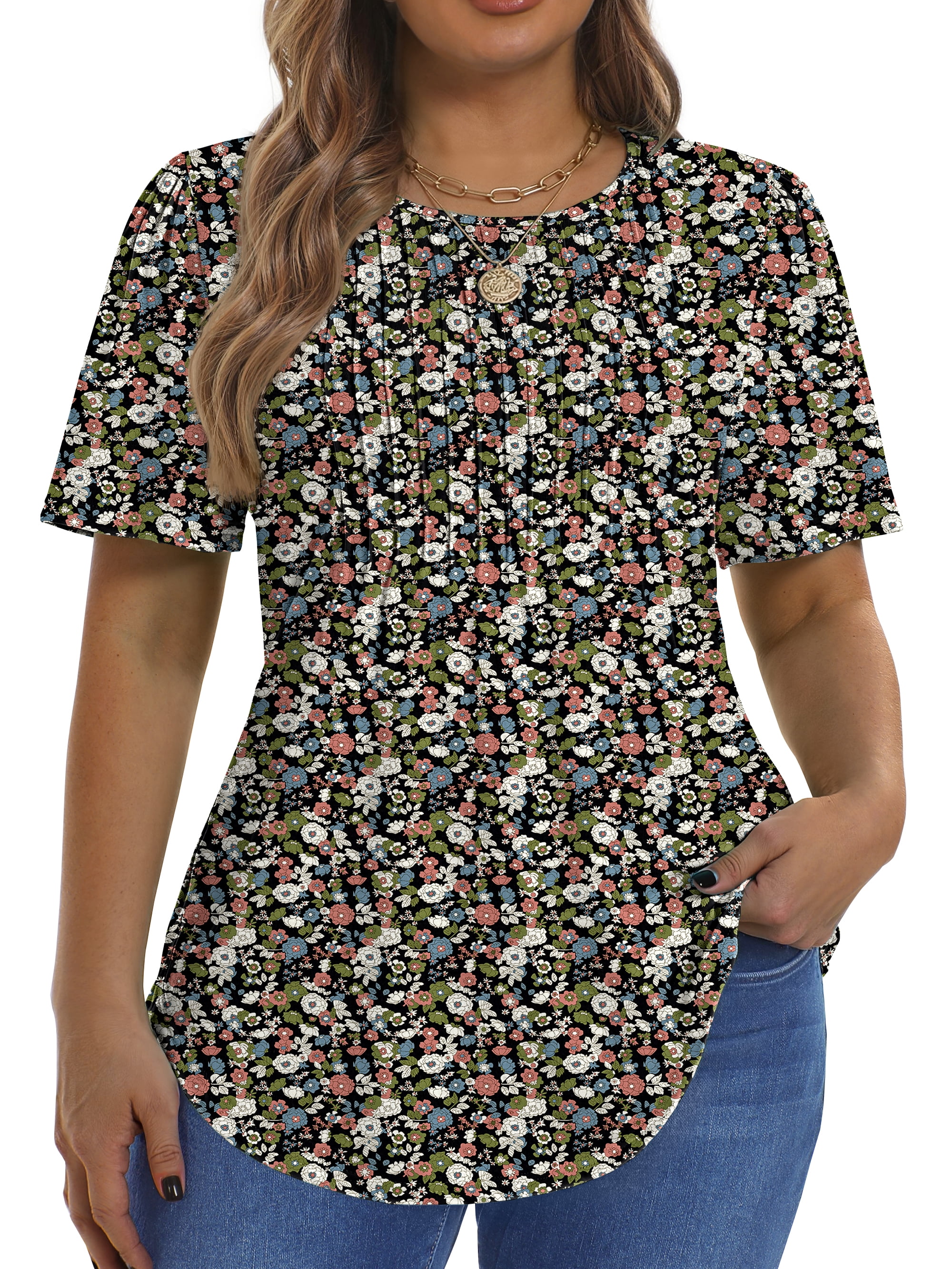 Fantaslook Blouses for Women, Pleated Short Sleeve Tunic Tops, Dressy ...