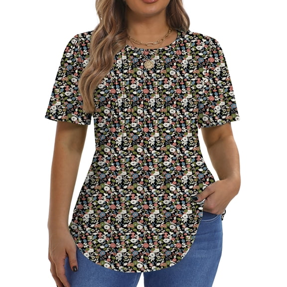 Fantaslook Blouses for Women Pleated Short Sleeve Tunic Tops Dressy Casual Summer Shirts