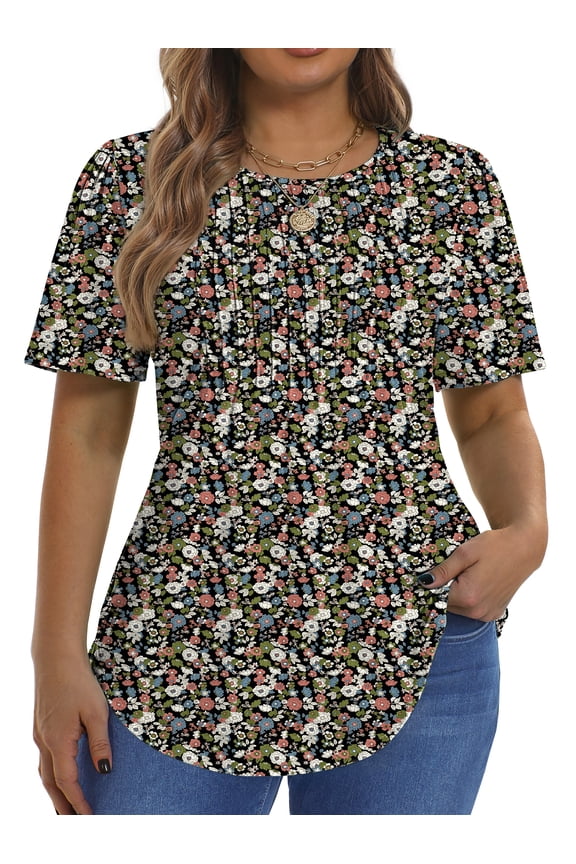Blouses for Women Pleated Short Sleeve Tunic Tops Dressy Casual Summer Shirts