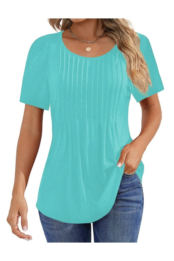 Blouses for Women Pleated Short Sleeve Tunic Tops Dressy Casual Summer Shirts