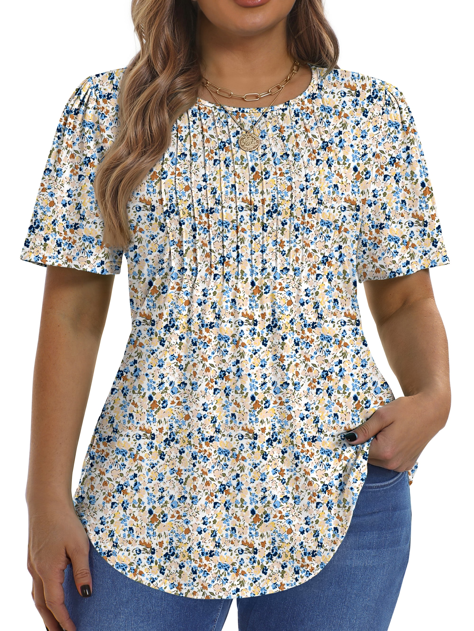 Fantaslook Blouses for Women Pleated Short Sleeve Summer Shirts Dressy ...