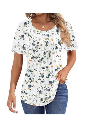 Blouses for Women Pleated Short Sleeve Tunic Tops Dressy Casual Summer Shirts