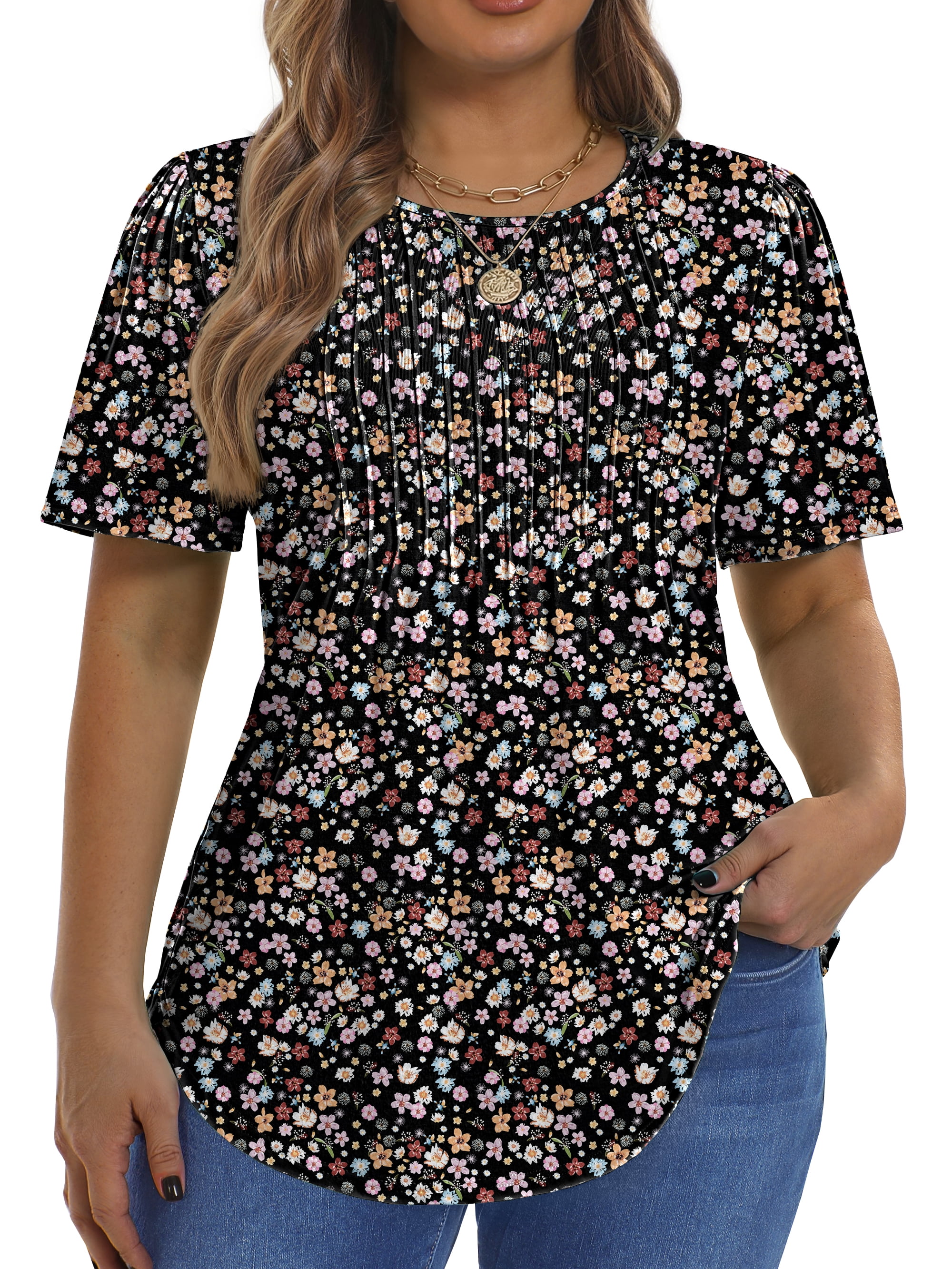Fantaslook Blouses for Women Pleated Short Sleeve Tunic Tops Dressy Casual Summer Shirts