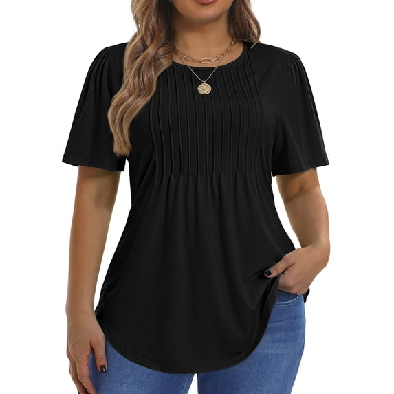Fantaslook Blouses for Women Pleated Short Sleeve Tunic Tops Dressy Casual Summer Shirts