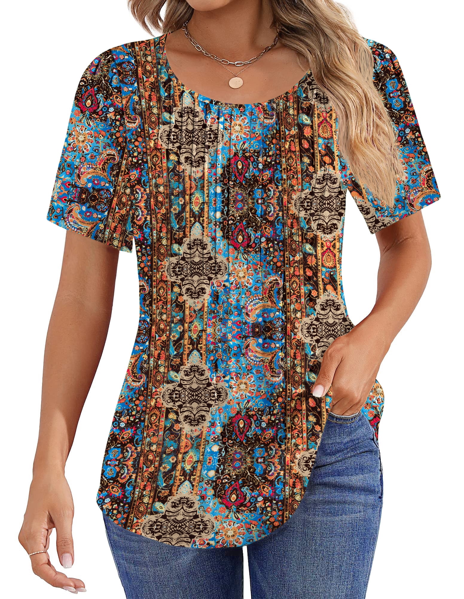 Fantaslook Blouses for Women Pleated Short Sleeve Tunic Tops Dressy ...