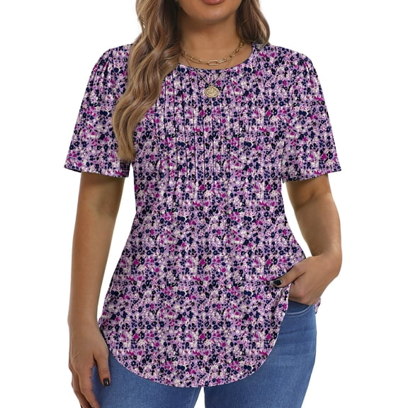 Fantaslook Blouses for Women Pleated Short Sleeve Tunic Tops Dressy Casual Summer Shirts