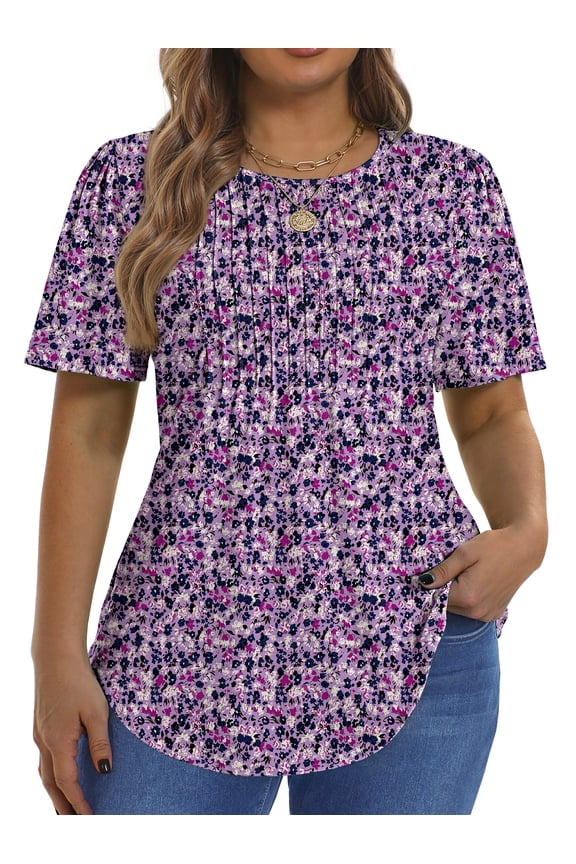 Blouses for Women Pleated Short Sleeve Tunic Tops Dressy Casual Summer Shirts