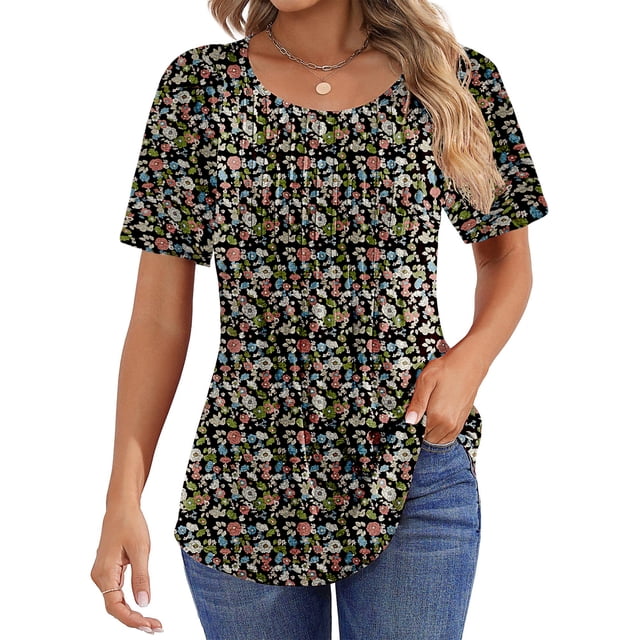Fantaslook Blouses for Women Pleated Short Sleeve Tunic Tops Dressy ...