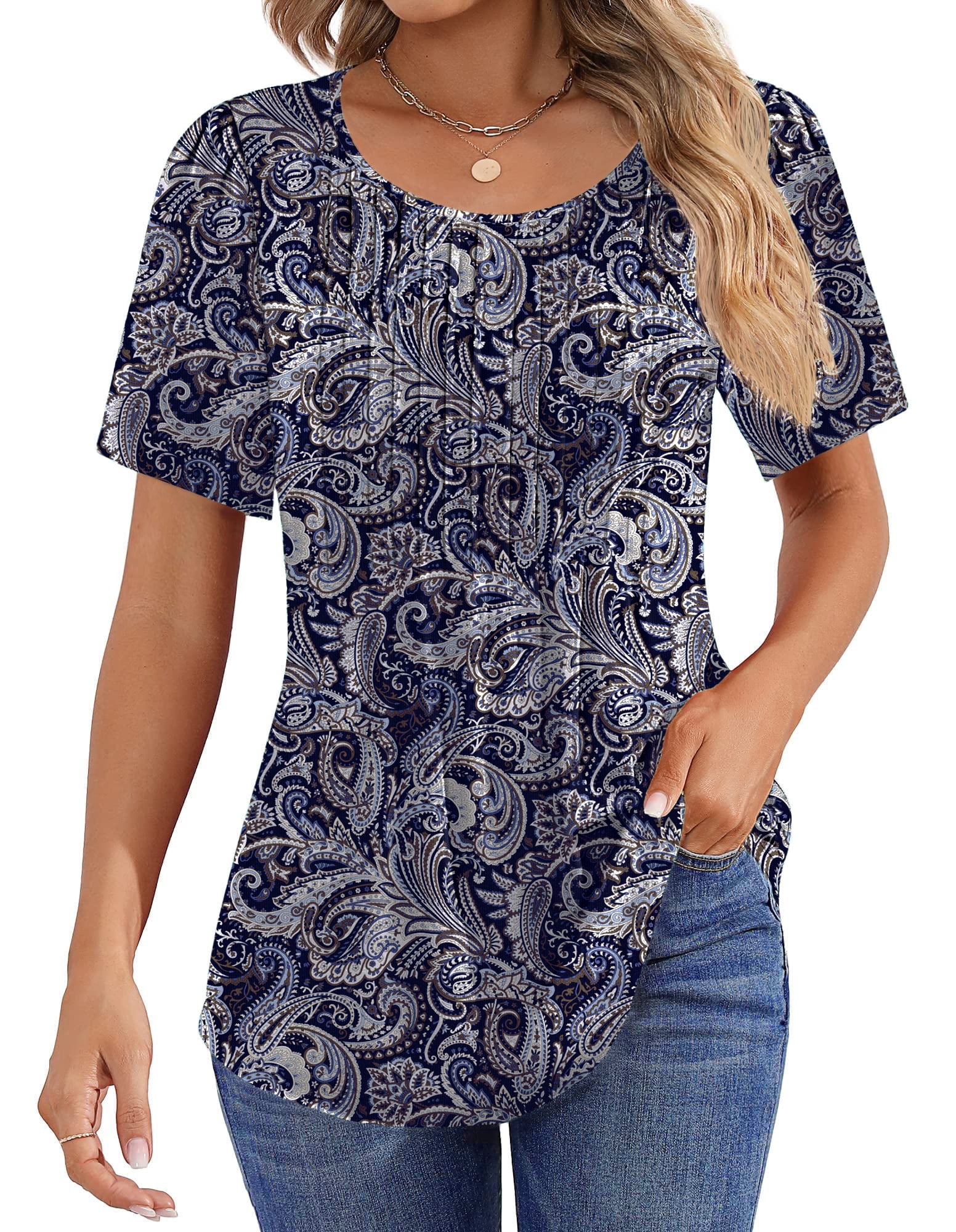 Fantaslook Blouses for Women Pleated Short Sleeve Tunic Tops Dressy ...
