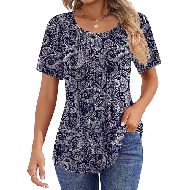 Fantaslook Blouses for Women Pleated Short Sleeve Tunic Tops Dressy ...