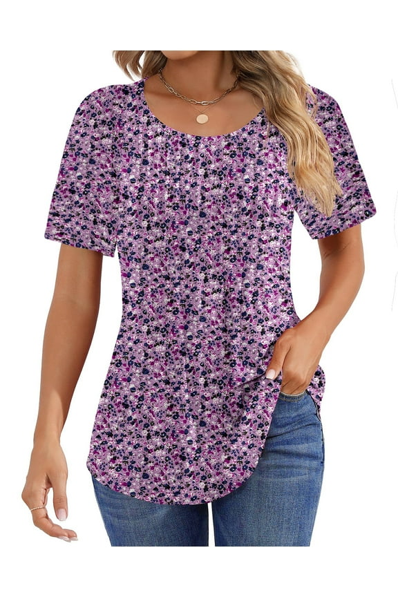 Blouses for Women Pleated Short Sleeve Tunic Tops Dressy Casual Summer Shirts