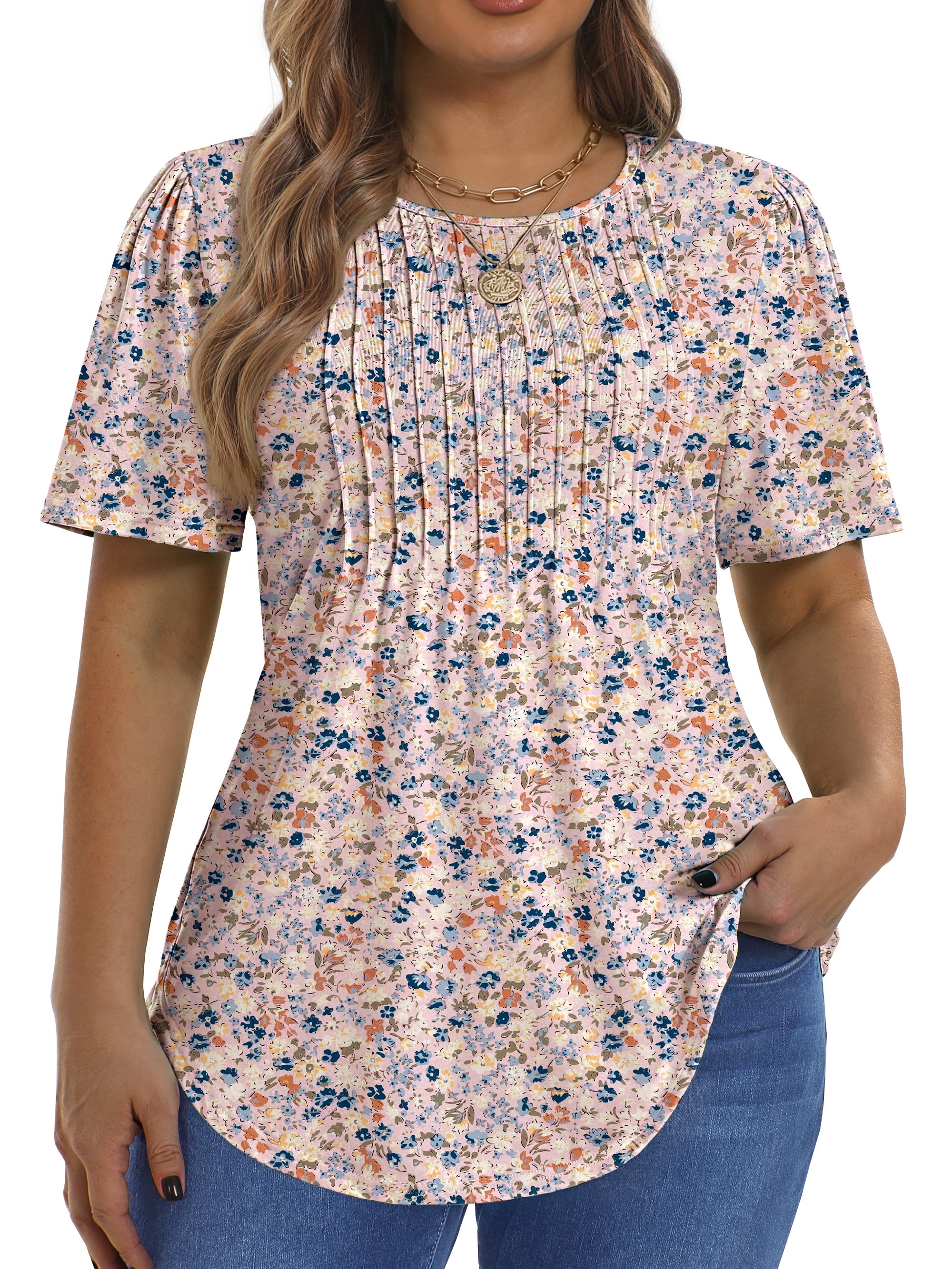 Fantaslook Blouses for Women, Pleated Short Sleeve Tunic Tops, Dressy ...