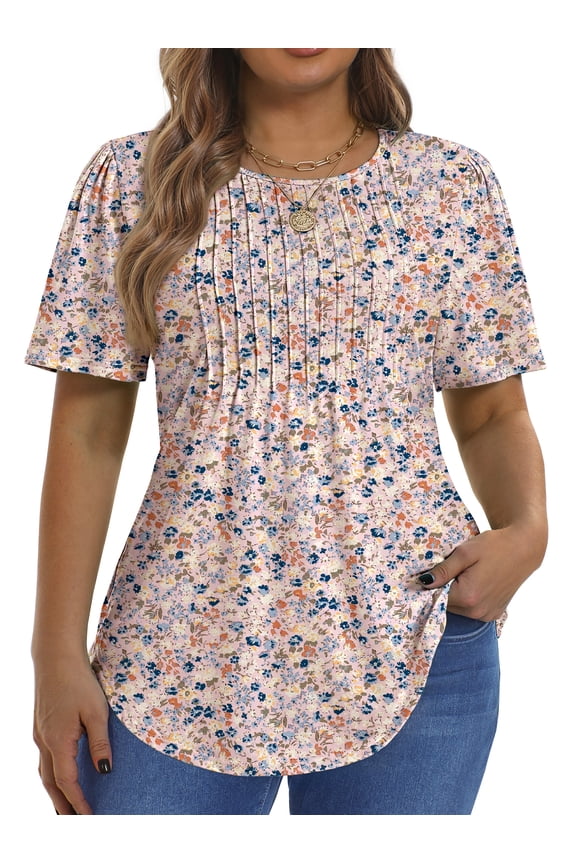 Blouses for Women Pleated Short Sleeve Tunic Tops Dressy Casual Summer Shirts