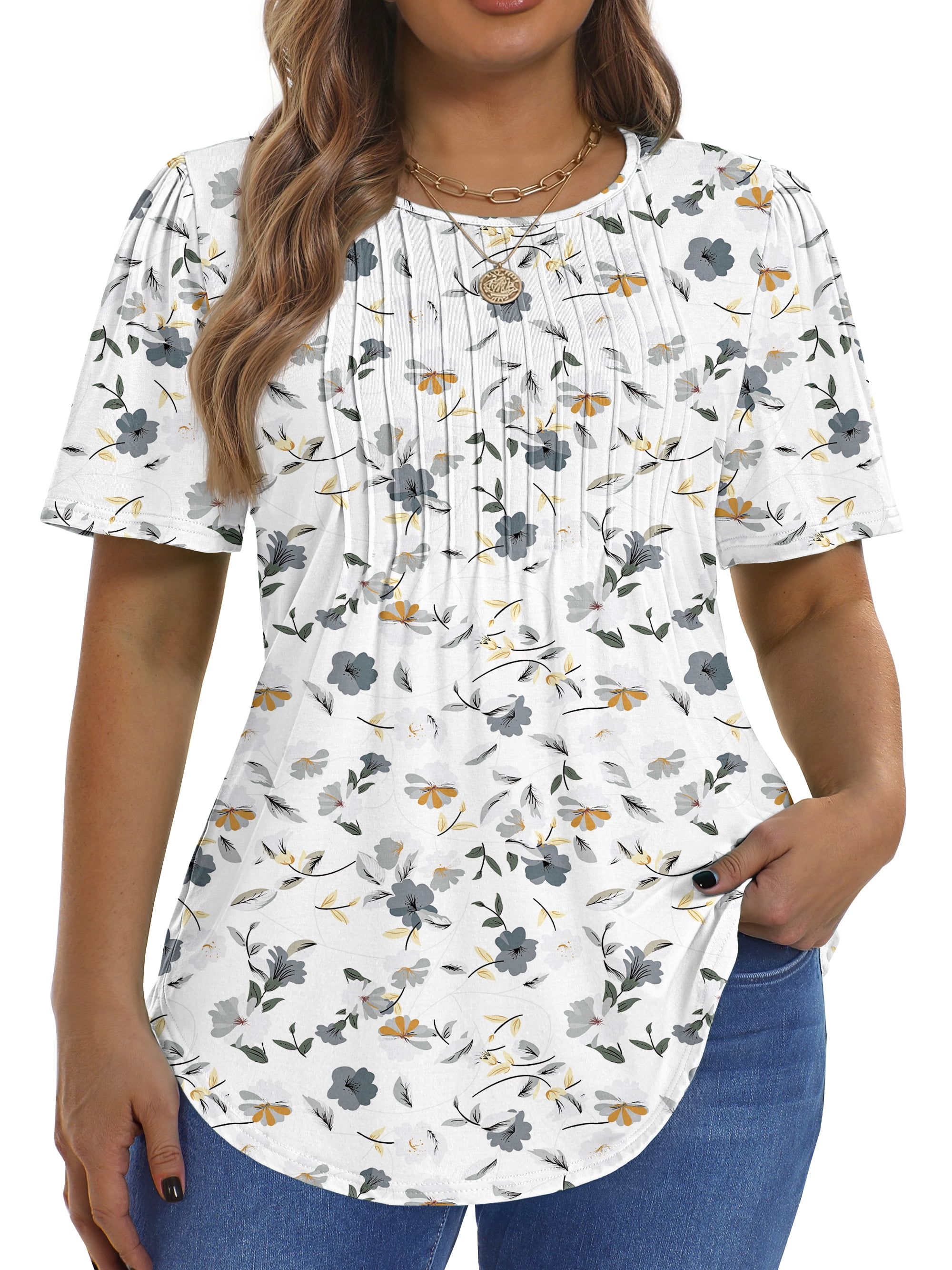 Fantaslook Blouses for Women Pleated Short Sleeve Tunic Tops Dressy ...
