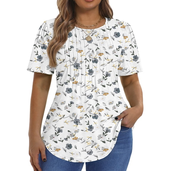 Fantaslook Blouses for Women Pleated Short Sleeve Tunic Tops Dressy Casual Summer Shirts