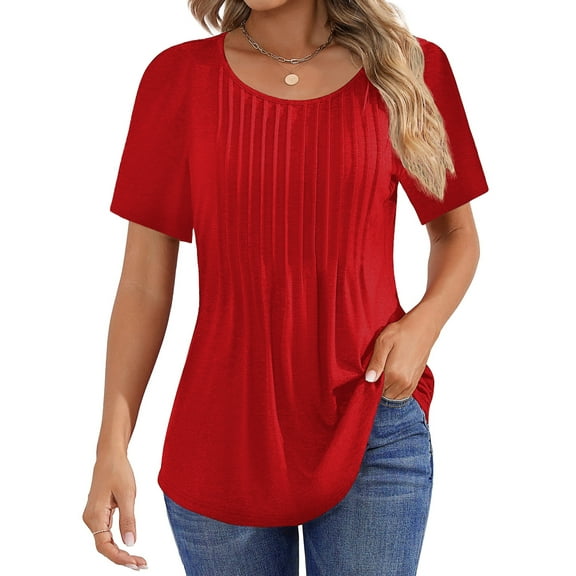 Fantaslook Blouses for Women Pleated Short Sleeve Tunic Tops Dressy Casual Summer Shirts