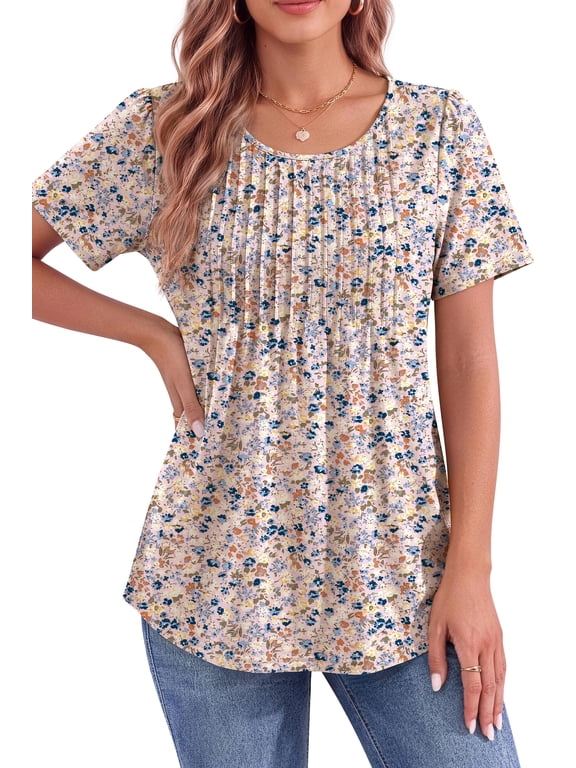 Blouses for Women Pleated Short Sleeve Tunic Tops Dressy Casual Summer Shirts