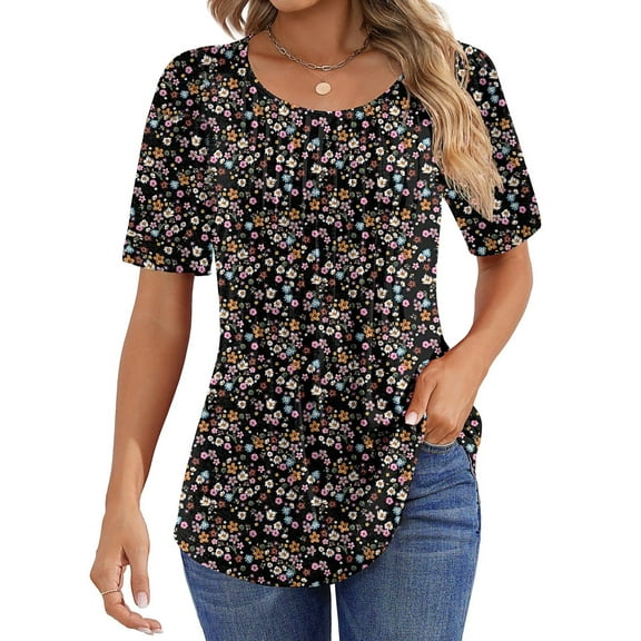 Fantaslook Blouses for Women Pleated Short Sleeve Tunic Tops Dressy Casual Summer Shirts