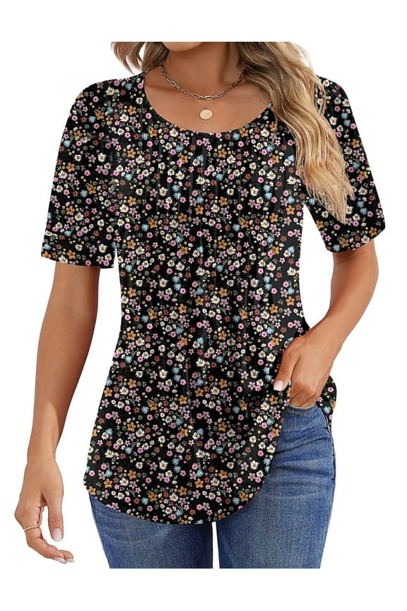 Blouses for Women Pleated Short Sleeve Tunic Tops Dressy Casual Summer Shirts