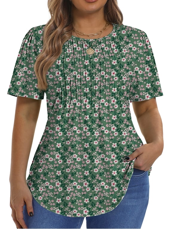 Blouses for Women Pleated Short Sleeve Tunic Tops Dressy Casual Summer Shirts