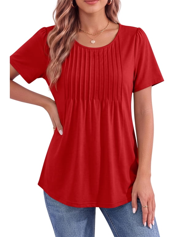 Blouses for Women Pleated Short Sleeve Tunic Tops Dressy Casual Summer Shirts