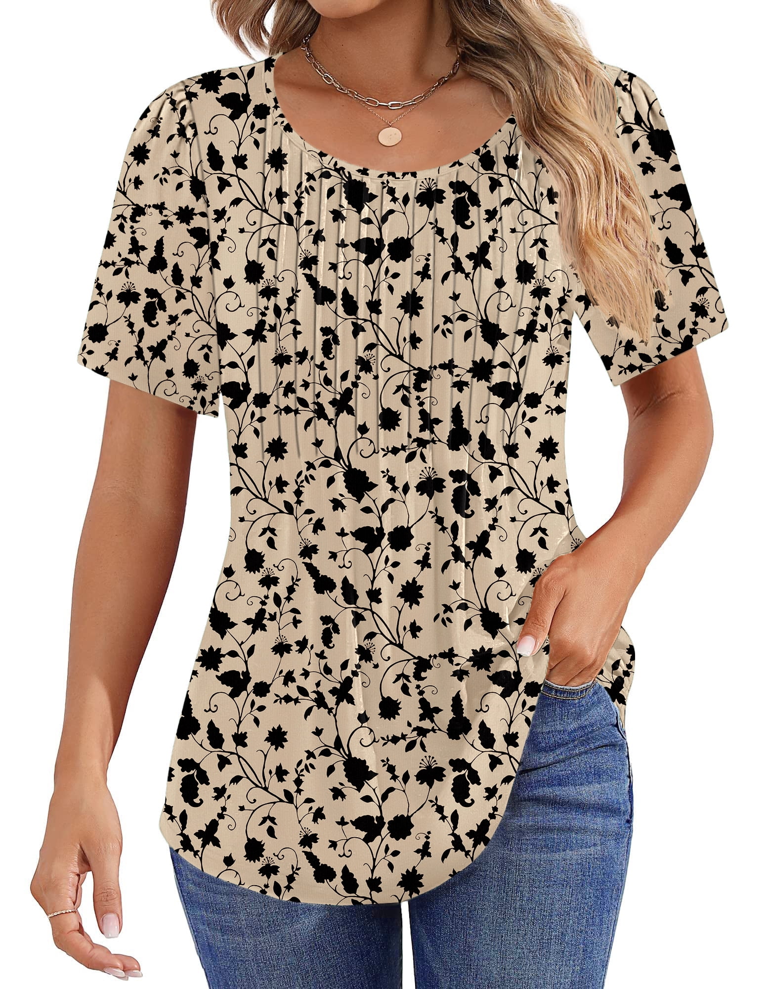 Fantaslook Blouses for Women Pleated Short Sleeve Tunic Tops Dressy Casual Summer Shirts