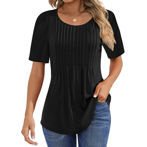 Fantaslook Blouses for Women Pleated Short Sleeve Tunic Tops Dressy Casual Summer Shirts
