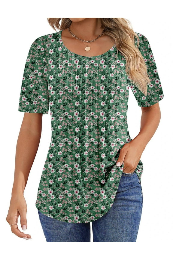 Blouses for Women Pleated Short Sleeve Tunic Tops Dressy Casual Summer Shirts