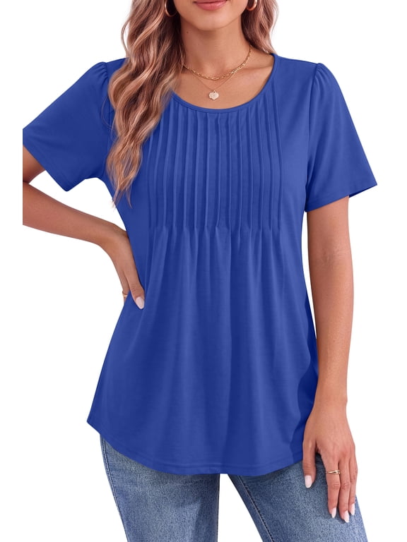 Blouses for Women Pleated Short Sleeve Tunic Tops Dressy Casual Summer Shirts