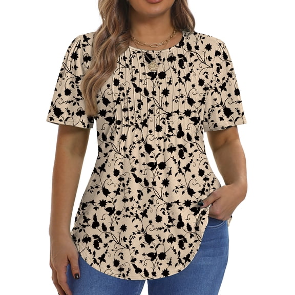 Fantaslook Blouses for Women Pleated Short Sleeve Tunic Tops Dressy Casual Summer Shirts