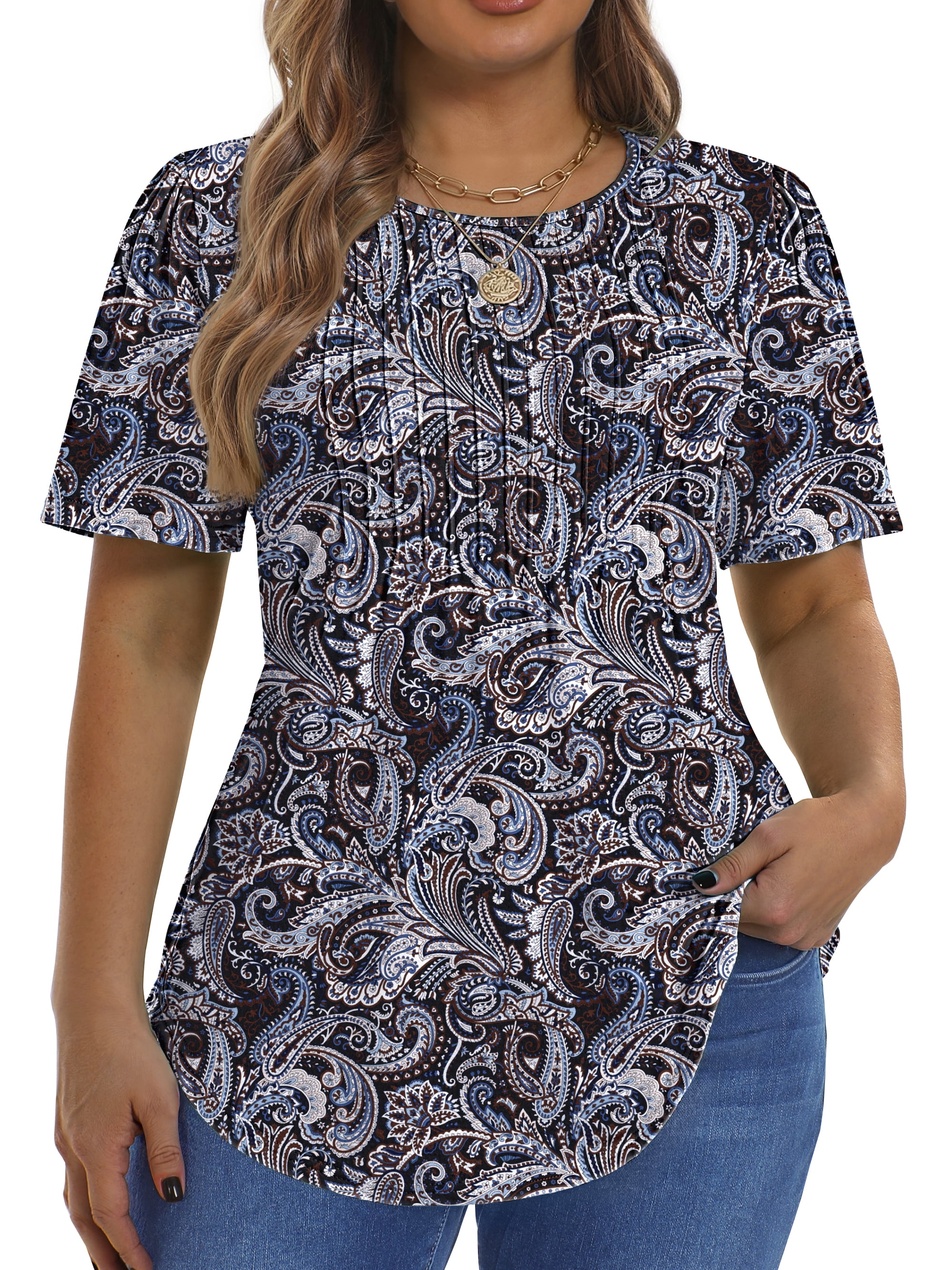 Fantaslook Blouses for Women Pleated Short Sleeve Tunic Tops Dressy Casual Summer Shirts