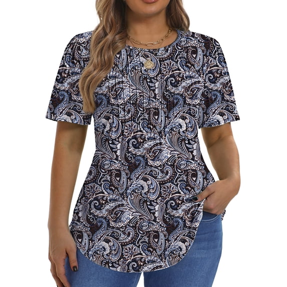 Fantaslook Blouses for Women Pleated Short Sleeve Tunic Tops Dressy Casual Summer Shirts