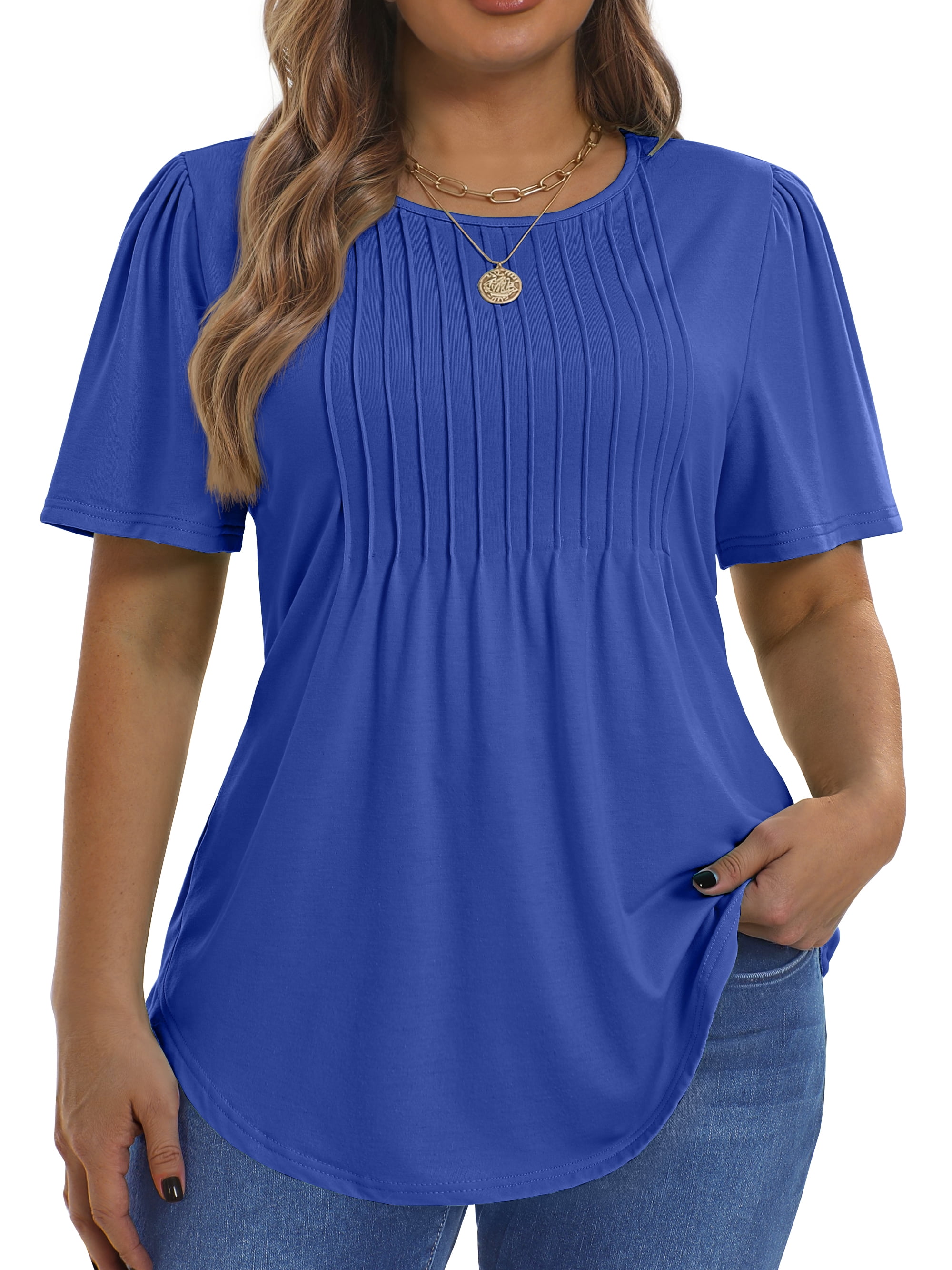 Fantaslook Blouses for Women, Pleated Crew Neck Short Sleeve Tunic Tops ...