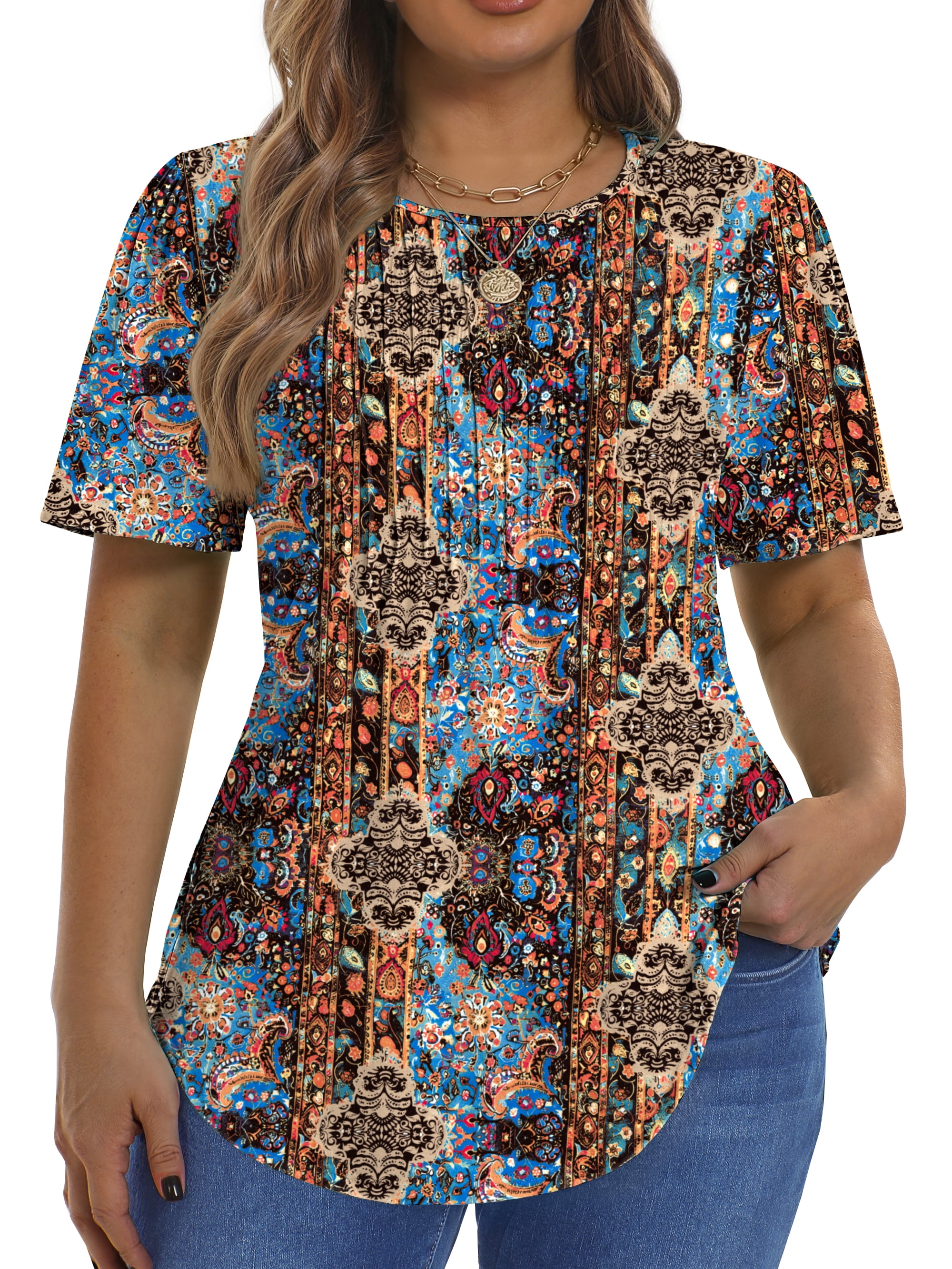 Fantaslook Blouses for Women Pleated Short Sleeve Tunic Tops Dressy ...