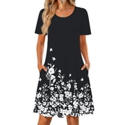 Boho Summer Dresses for Women Casual Short Sleeve T Shirt Dress with Pockets Beach Vacation Clothes