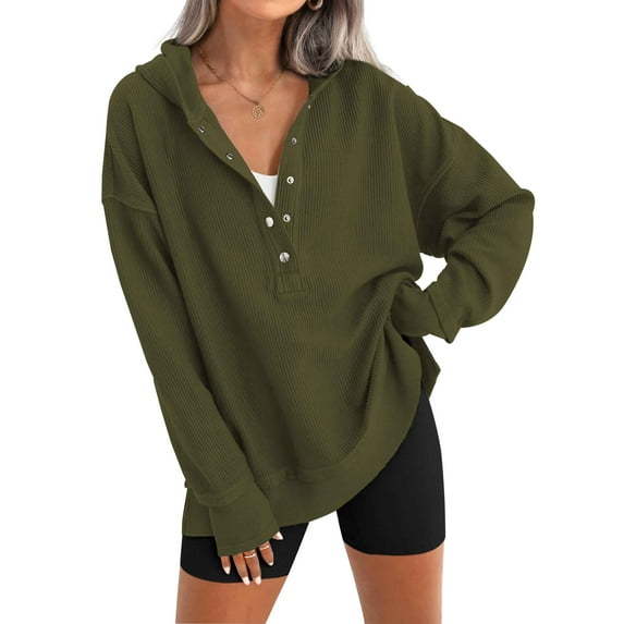 Fantaslook Button Up Hoodie for Women Oversized V Neck Sweatshirts Side Slit Casual Pullover Tops