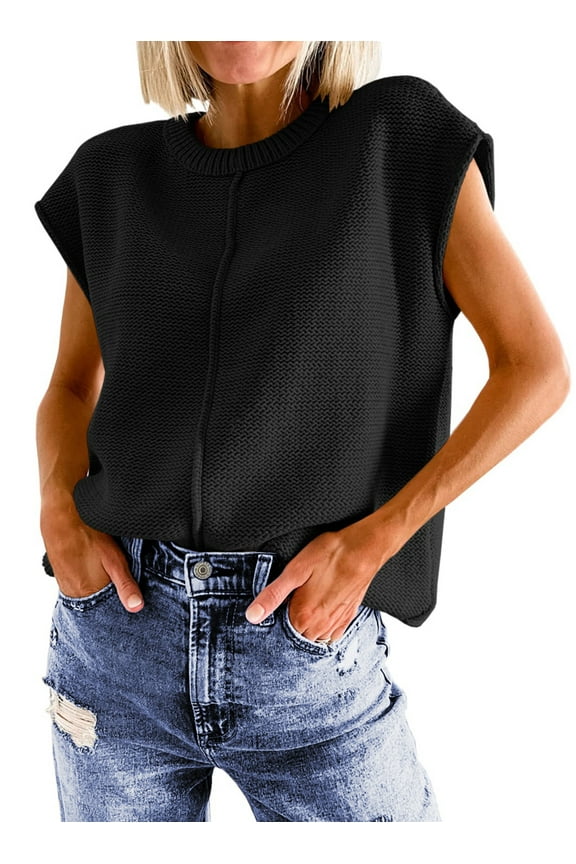 Cap Sleeve Sweaters for Women Casual Crew Neck Loose Knit Lightweight Sweater Vest Pullover Tops
