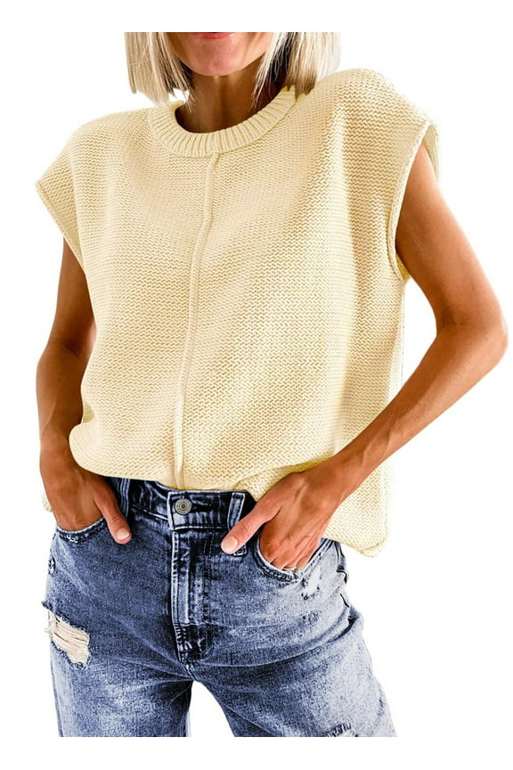 Cap Sleeve Sweaters for Women Casual Crew Neck Loose Knit Lightweight Sweater Vest Pullover Tops
