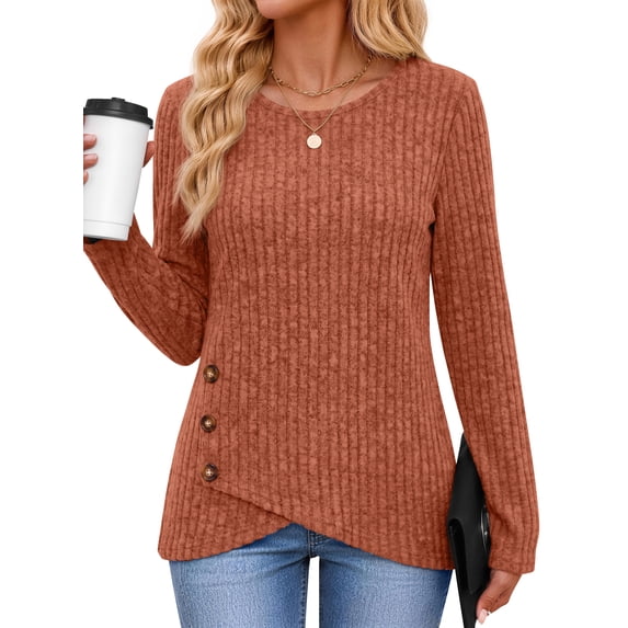 Fantaslook Casual Tops for Women Long Sleeve Shirts with Buttons Asymmetrical Hem Fall Blouses Crew Neck Tunic Top